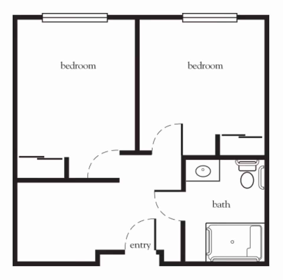 Floor plan layout showing two bedrooms, an entry area, and a bathroom with a sink, toilet, and bathtub.