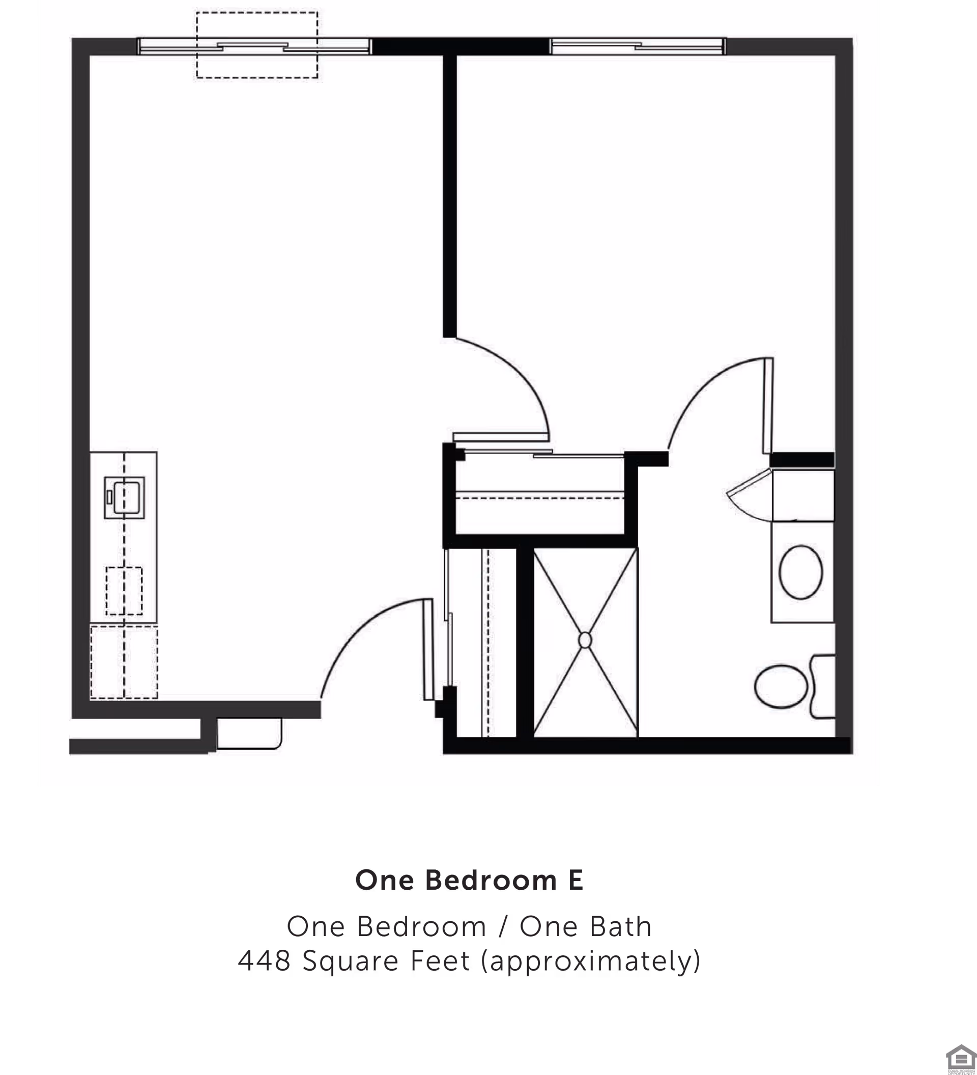 Floor plan layout of a one-bedroom, one-bath apartment with approximately 448 square feet. The plan shows a kitchen area, a living space, a bedroom, a bathroom with a toilet and sink, and a closet.