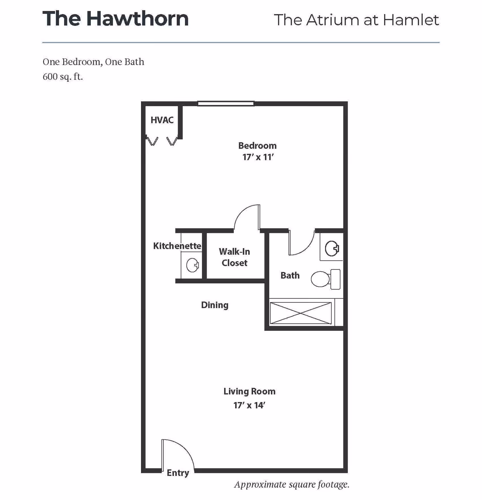 Floor plan of The Hawthorn at The Atrium at Hamlet, showing a one-bedroom, one-bath apartment with 600 square feet. The layout includes an entry leading to a living room (17' x 14'), a dining area, a kitchenette, a walk-in closet, a bathroom, and a bedroom (17' x 11'). HVAC is located near the bedroom.