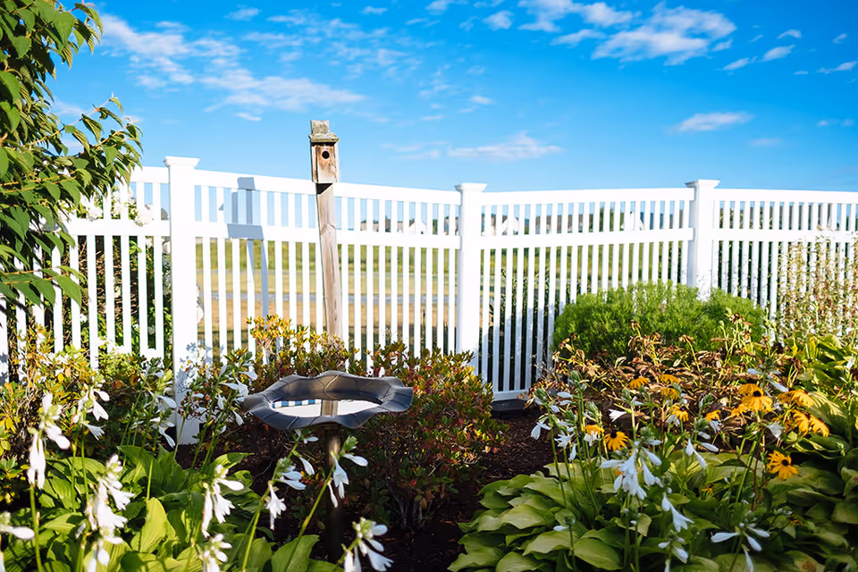 A garden area with various green plants and flowers in front of a white picket fence under a blue sky with scattered clouds. There is a birdhouse mounted on a wooden post and a decorative birdbath in the garden.