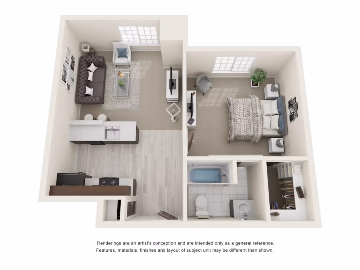 3D floor plan of a one-bedroom apartment featuring a living room with a sofa, armchair, coffee table, and TV, an open kitchen with a sink and stove, a bedroom with a bed, nightstands, and a chair, a bathroom with a bathtub, toilet, and sink, and a walk-in closet.