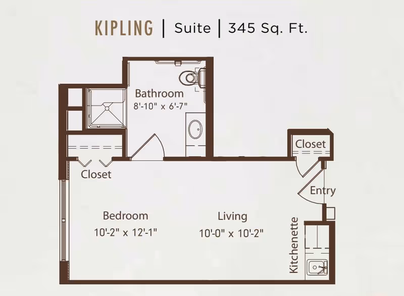 Floor plan diagram labeled "Kipling Suite 345 Sq. Ft." showing a bedroom, living area, bathroom, kitchenette, closets, and entry.