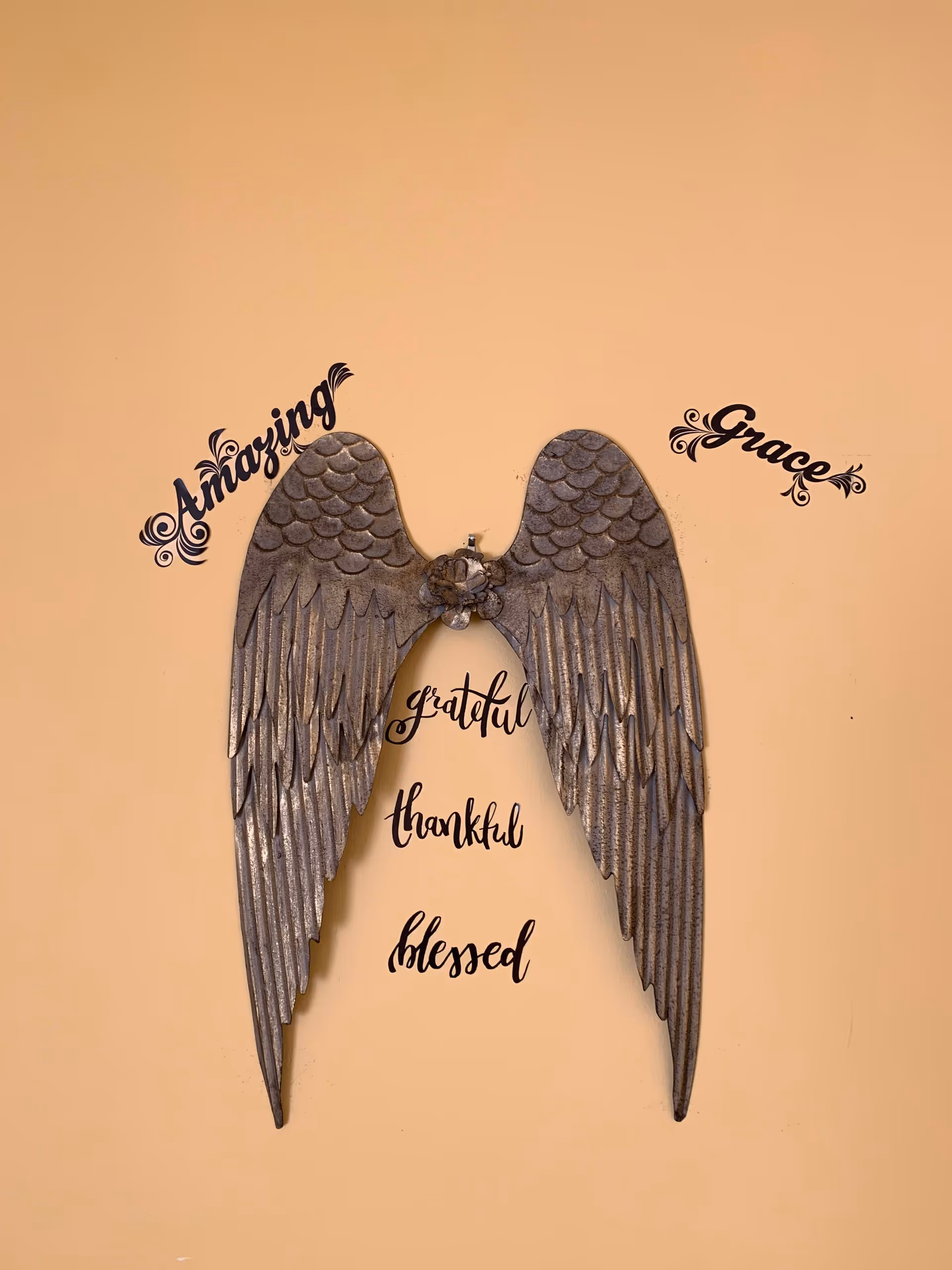 Metal angel wings mounted on a beige wall with decorative words around them. Above the wings are the words 'Amazing' on the left and 'Grace' on the right. Between the wings are the words 'grateful', 'thankful', and 'blessed' written vertically.