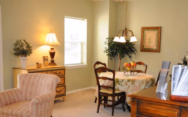 Cozy dining area with a round table under a hanging light, wooden chairs, an upholstered armchair, a dresser with a lamp, and potted plants.