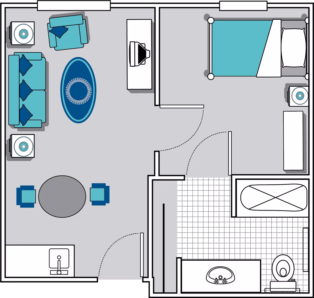 Floor plan of a senior living unit at Oaks At Salem Road showing a living room with sofa, armchair, TV, and dining table; a bedroom with a bed, nightstand, and dresser; and a bathroom with a bathtub, sink, and toilet.