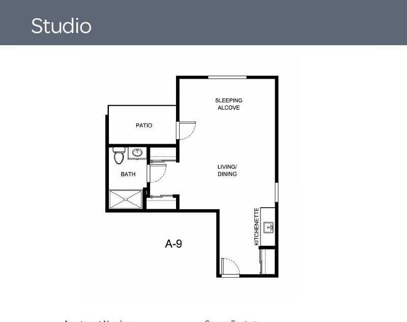 Floor plan of a studio apartment labeled A-9 at Asher Point Independent Living of Round Rock, showing a sleeping alcove, living/dining area, kitchenette, bathroom, and a patio.