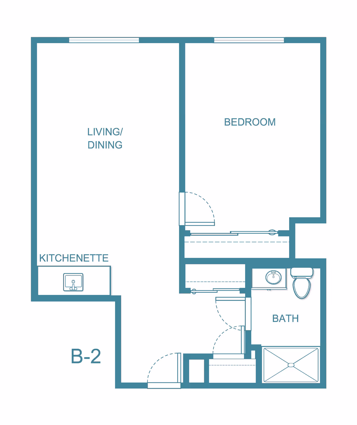 Floor plan of a senior living unit labeled B-2 at Solista Durham by Cogir, showing a living/dining area with a kitchenette, a separate bedroom, and a bathroom with a sink, toilet, and shower.