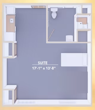 Top-down floor plan of a studio suite showing a bed area, kitchenette, and bathroom labeled 17'-1" x 13'-8".
