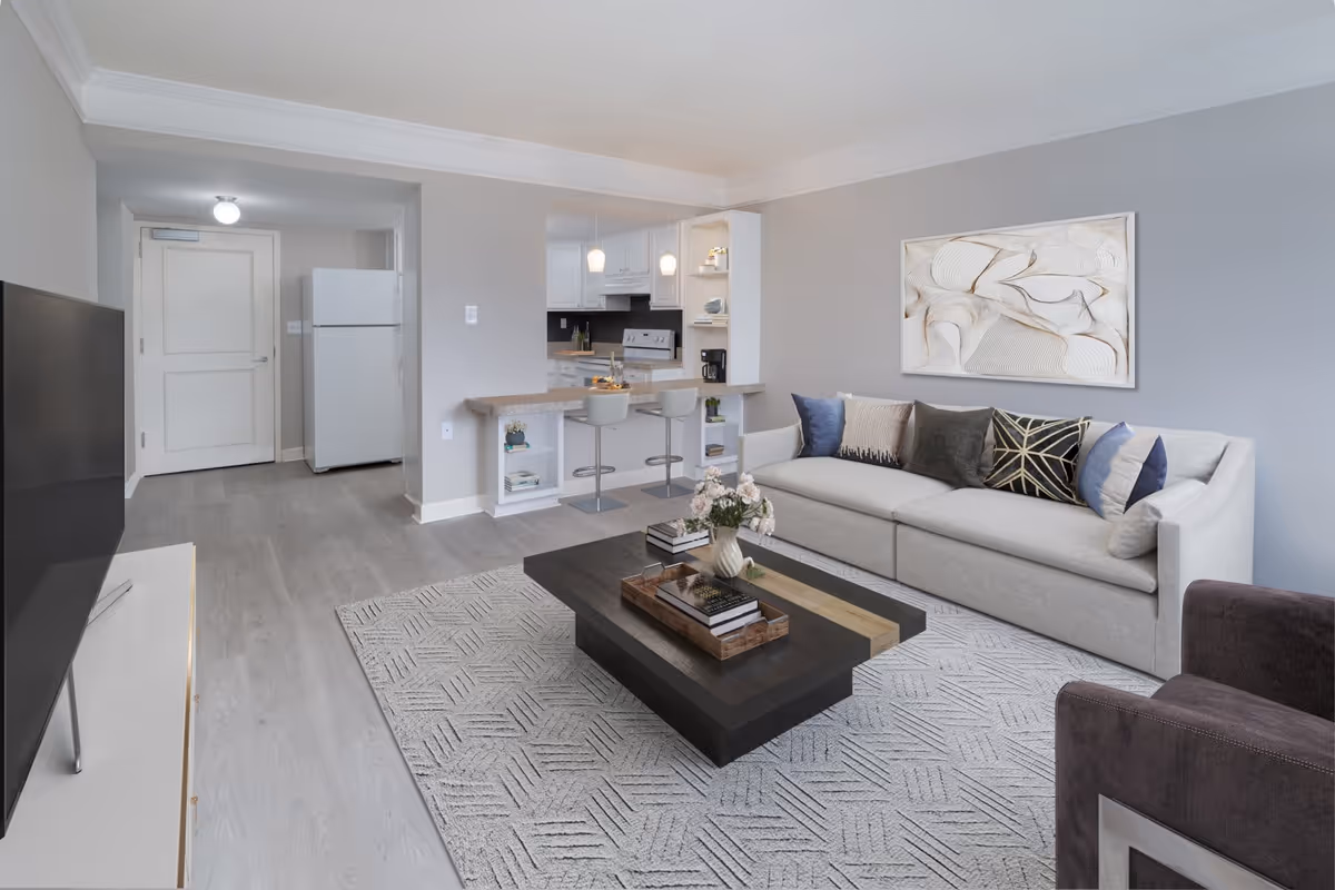 A modern living room with a light gray sofa adorned with multiple decorative pillows, a dark wooden coffee table with books and a flower vase on it, a patterned area rug, and a flat-screen TV on a white stand. The room opens into a small kitchen area with a breakfast bar and two bar stools. The walls are painted light gray, and there is abstract artwork hanging above the sofa.