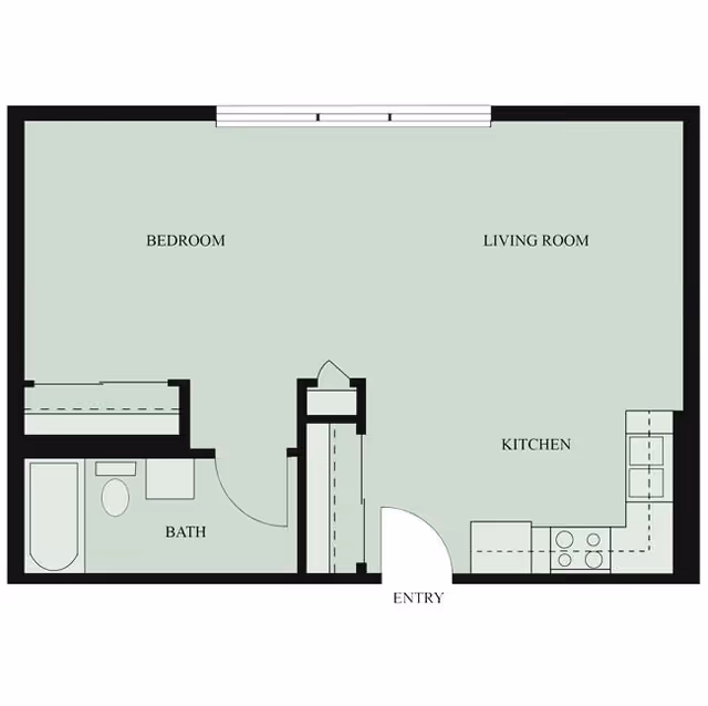 Floor plan of a senior living unit at Ivy Knoll Senior Living Community showing a bedroom, living room, kitchen, bathroom, and entry area.