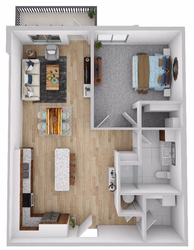 3D floor plan of a one-bedroom apartment at Parasol Melbourne showing a living room with a sofa, armchair, coffee table, and TV, a dining area with a table and six chairs, a kitchen with an island and appliances, a bedroom with a bed and TV, a bathroom with a shower, toilet, and sink, and a small balcony.