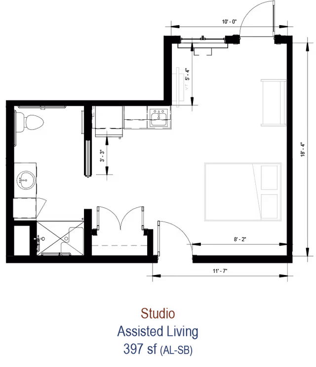 Architectural floor plan of a studio assisted living apartment with a total area of 397 square feet, showing a combined living and sleeping area with a bed, a small table with two chairs, and a bathroom with a toilet and shower.