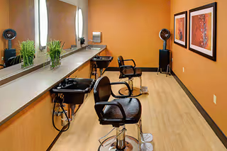 Interior view of a hair salon with chairs, sinks, mirrors, and orange walls.