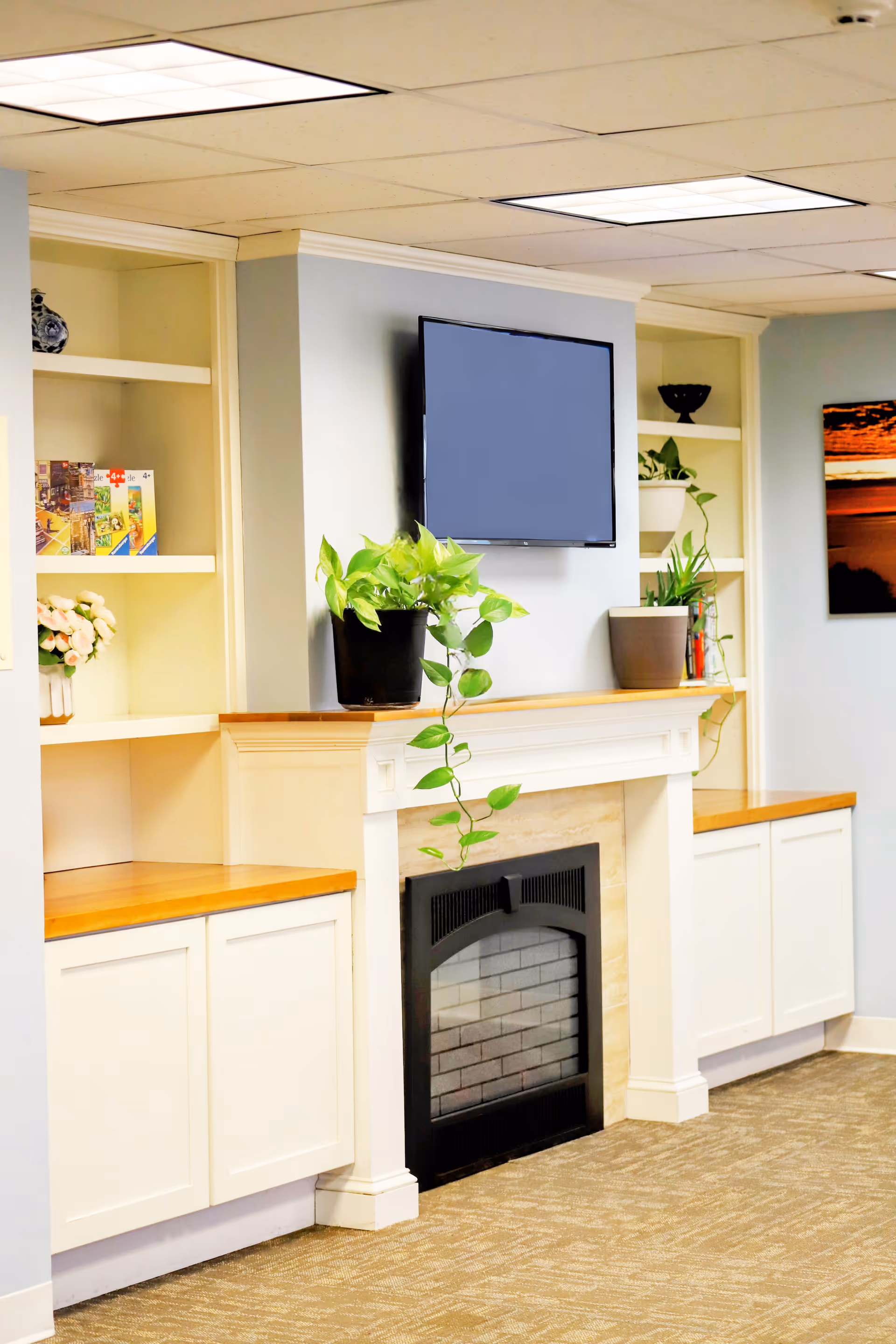 A cozy common room with a wall-mounted TV above a white mantel fireplace flanked by built-in shelves and potted plants.