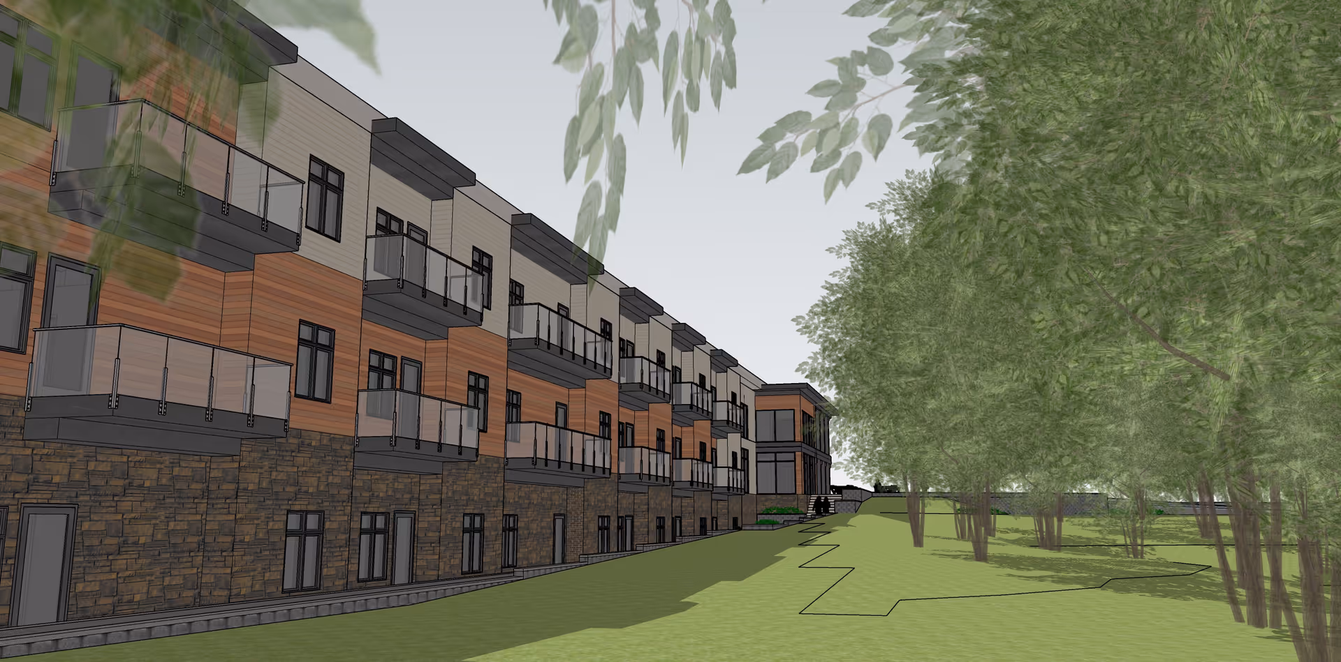 Rendered exterior view of a multi-story building with balconies overlooking a grassy lawn and trees.