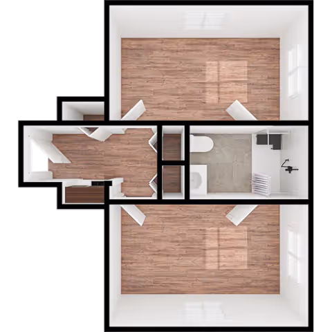 Top-down 3D floor plan of a small apartment or unit showing two empty rooms with wooden flooring, a bathroom with a toilet, sink, and shower, and a small kitchen area with cabinetry and appliances.