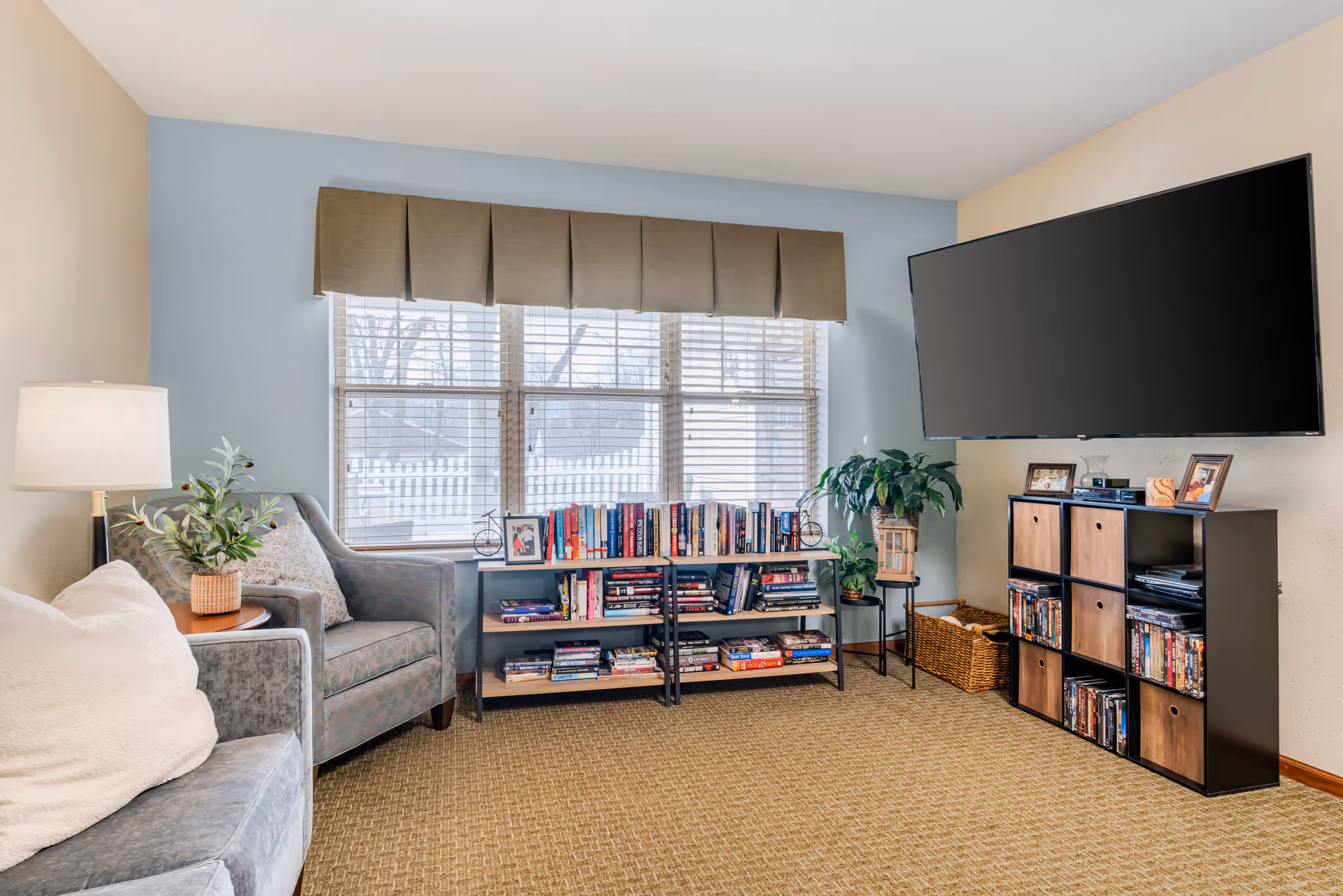 A cozy living room with a large window covered by blinds and a beige valance. Below the window is a bookshelf filled with books. To the left, there is a gray armchair with a patterned pillow and a small round side table with a potted plant and a lamp. On the right side, a large flat-screen TV is mounted on the wall above a black storage unit with wooden drawers and shelves holding DVDs and framed photos. A green plant is placed on a small stand next to the storage unit. The room has beige carpet and light-colored walls.