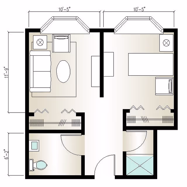 Architectural floor plan of a senior living unit at Villa Senior Care Community showing two rooms separated by a wall. The left room contains a living area with a sofa, armchair, coffee table, and a closet, along with a bathroom including a toilet and sink. The right room features a bedroom with a bed, nightstand, dresser, closet, and an adjacent bathroom with a shower.