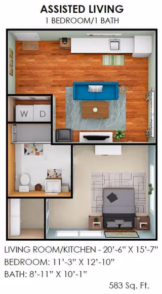 Floor plan of an assisted living 1 bedroom, 1 bath apartment. The layout includes a combined living room and kitchen area with wooden flooring, a blue sofa, coffee table, and kitchen appliances. There is a bedroom with a bed, nightstands, and a rug. The bathroom has a toilet, sink, and shower. A washer and dryer are also included in the layout. Dimensions and total square footage of 583 sq. ft. are provided.