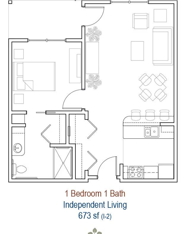 Floor plan of a one-bedroom, one-bath independent living apartment with a total area of 673 square feet. The layout includes a bedroom with a bed and two nightstands, a living room area with a sofa, armchair, coffee table, dining table with four chairs, and a kitchen counter with three stools. There are also two plants shown in the living area.