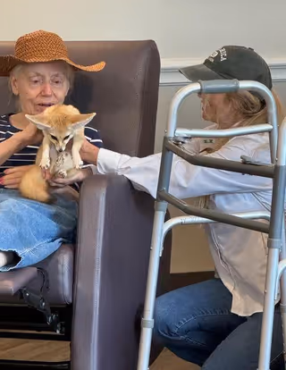An elderly woman wearing a brown hat and blue jeans sits in a brown armchair holding a small fox. Another woman wearing a black cap and white shirt kneels beside the chair, reaching out to touch the fox. A walker is positioned in front of the kneeling woman.