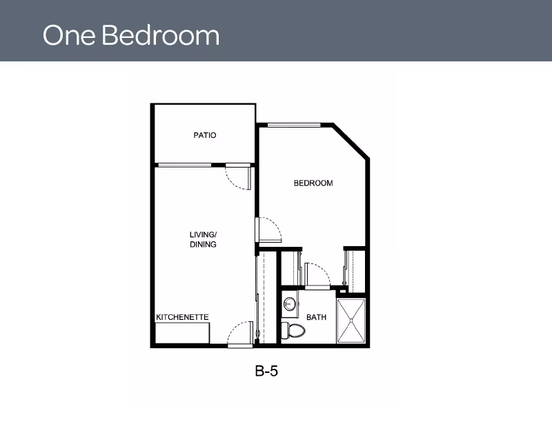 Floor plan of a one-bedroom apartment at Holiday Valencia Commons showing a patio, living/dining area, kitchenette, bedroom, and bathroom.