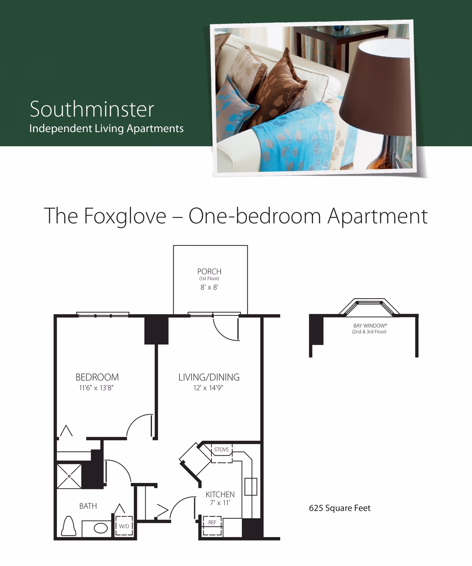 Floor plan of The Foxglove one-bedroom apartment at Southminster Independent Living Apartments, showing a bedroom, bathroom, kitchen, living/dining area, and porch with dimensions.