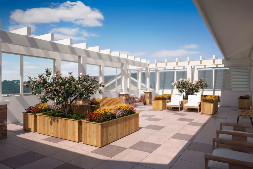Sunlit rooftop terrace with wooden planter boxes, flowering shrubs, chairs and a white pergola under a blue sky.