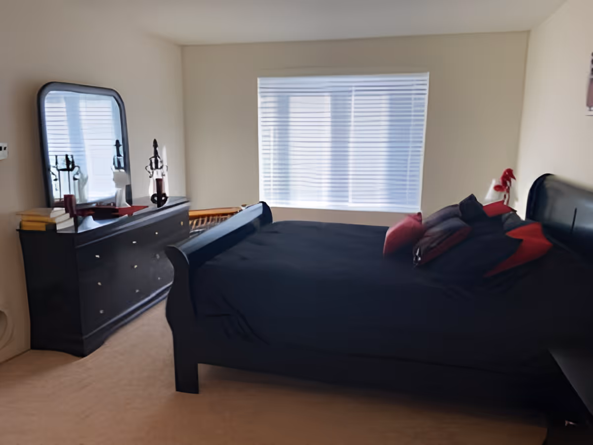 A bedroom with a black bed frame and black bedding accented with red and black pillows. There is a large window with closed blinds letting in natural light. To the left of the bed is a black dresser with a large mirror on top, some books, and decorative items. The walls are light-colored and the floor is carpeted.