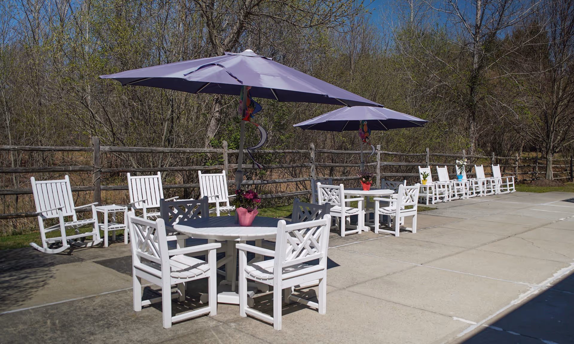 Outdoor patio area with white wooden tables and chairs, two tables have purple umbrellas, and there are potted flowers on the tables. White rocking chairs are lined up along a wooden fence with trees and bushes in the background under a clear blue sky.