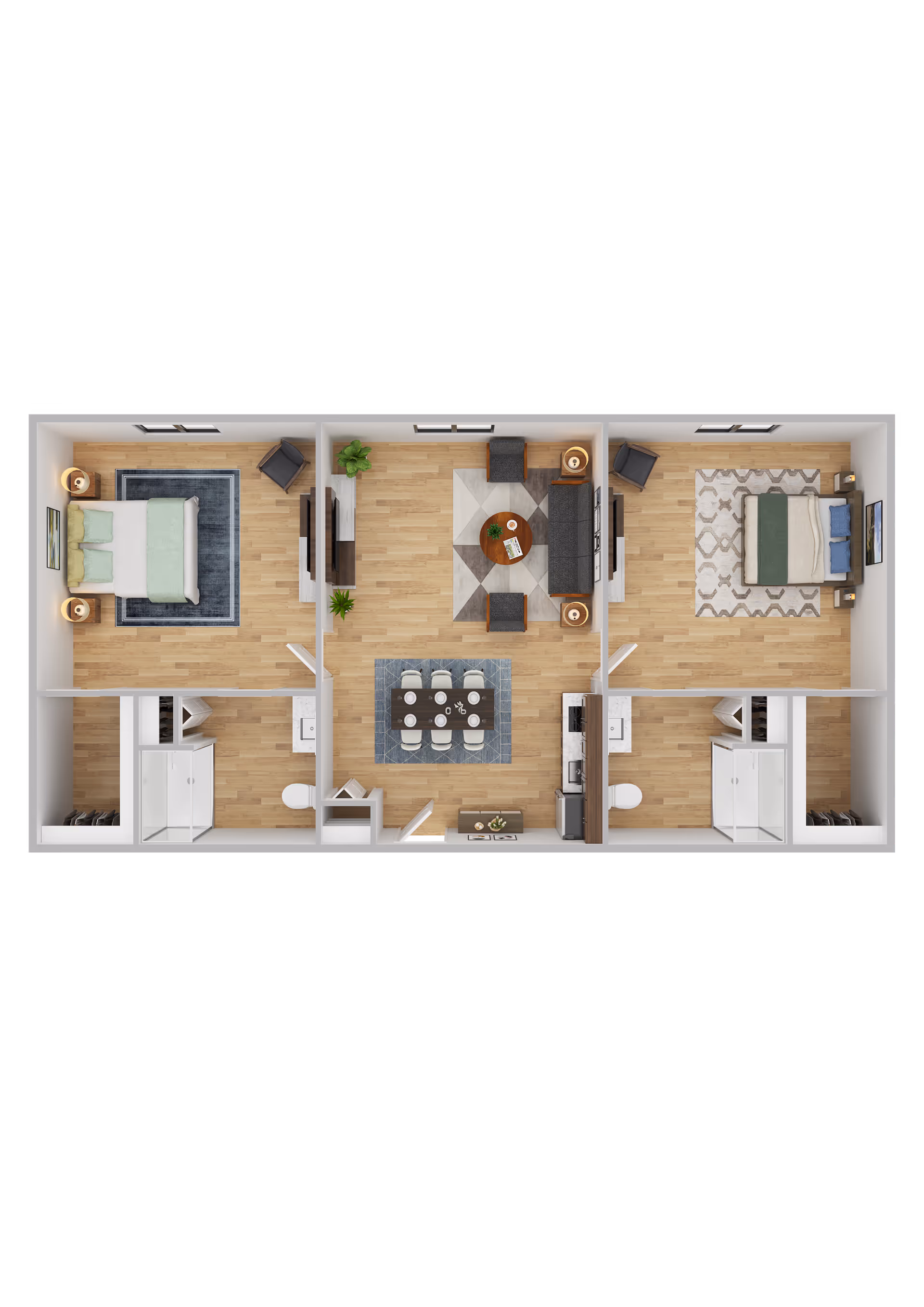 Top-down view of a two-bedroom apartment floor plan featuring two bedrooms on either side, each with a bed, nightstands, and a chair. The center area includes a living room with a sofa, chairs, coffee table, and TV, and a dining area with a table and six chairs. There are two bathrooms adjacent to each bedroom and a kitchen area near the dining space.