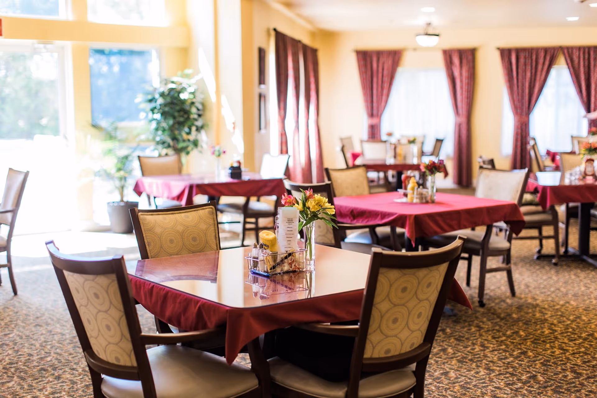 A bright dining room with multiple tables covered in red tablecloths, each surrounded by beige cushioned chairs. The tables have small flower vases and condiment holders. Large windows with red curtains allow natural light to fill the room, and there are plants near the windows.