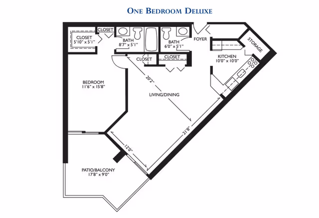 Floor plan of a one bedroom deluxe apartment featuring a bedroom with two closets, two bathrooms, a living/dining area, a kitchen with adjacent storage, a foyer, and a patio/balcony.