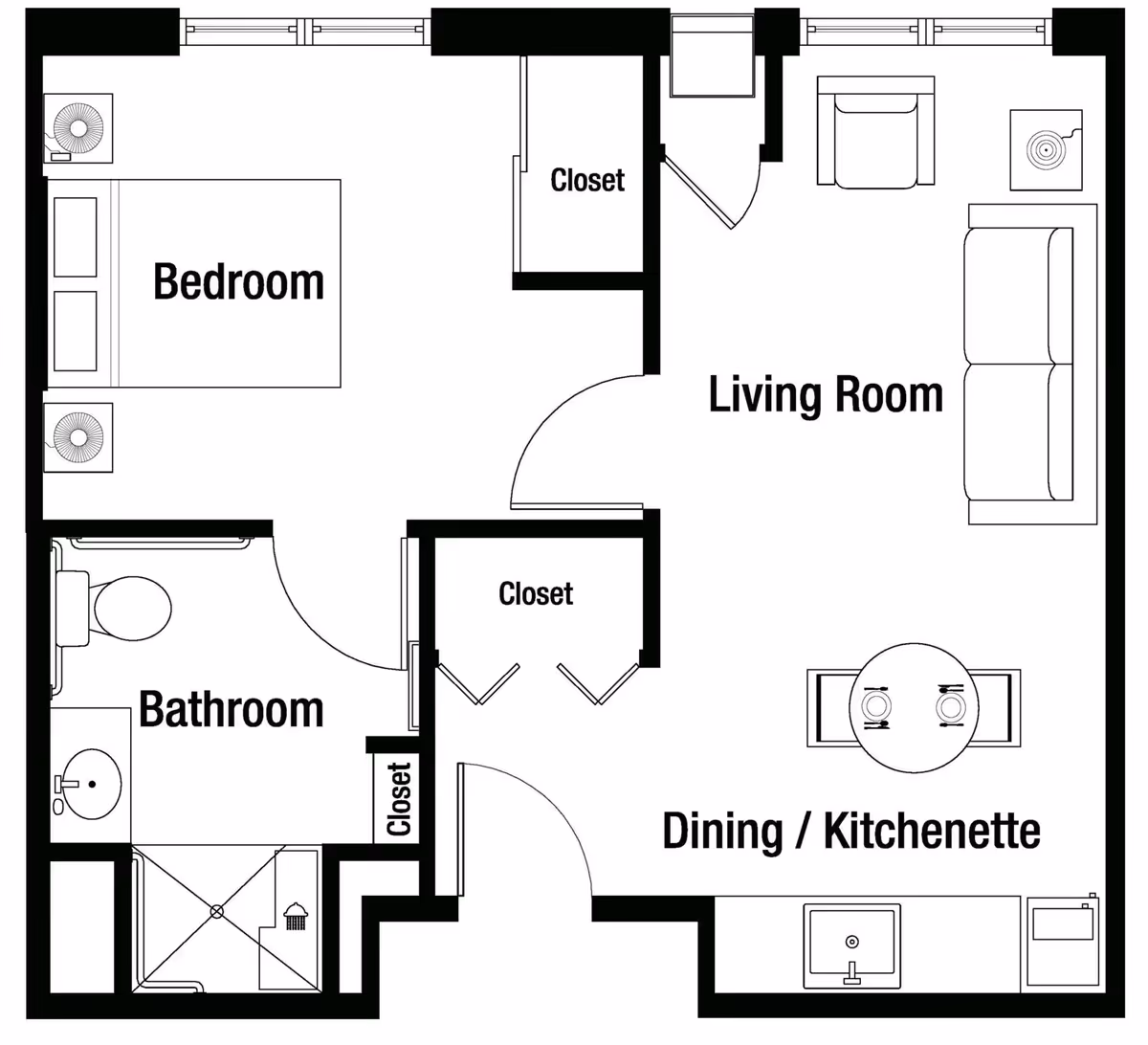 Floor plan of a senior living unit at White Oaks at Huntley showing a bedroom with a bed and two nightstands, a bathroom with a toilet, sink, and shower, a living room with a sofa, armchair, and side table, and a dining/kitchenette area with a round table set for two and a kitchenette with a sink and appliances. There are three closets in the unit.