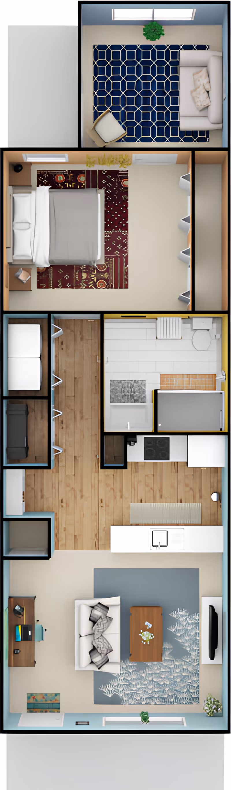 Top-down view of a senior living facility apartment layout showing a living room with a sofa, coffee table, TV, and desk; a kitchen with appliances and a sink; a bathroom with a shower, toilet, and sink; a bedroom with a bed, nightstand, and closet; and a small sitting area with a chair, sofa, and rug near a window.
