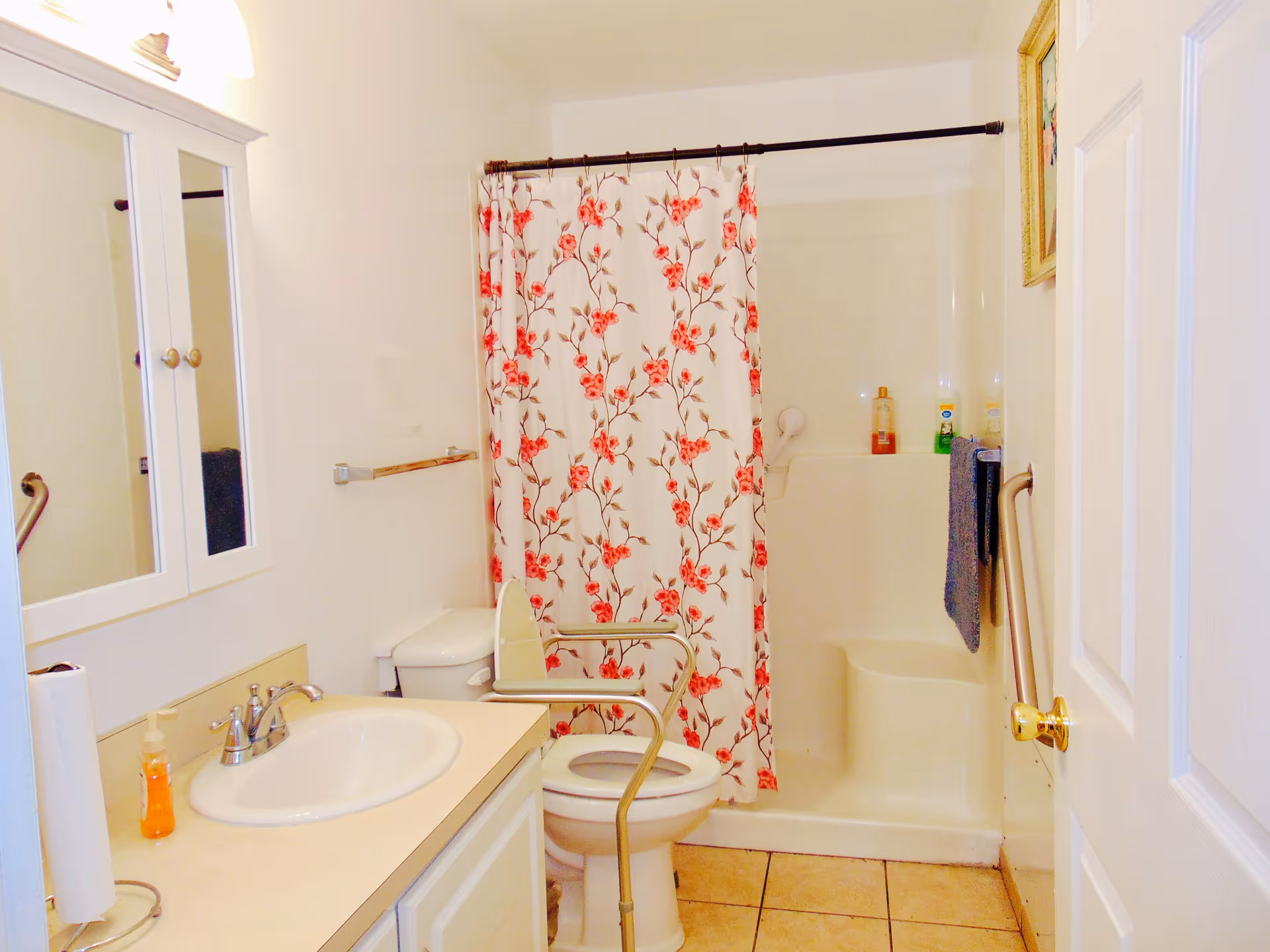 A small bathroom with a white sink and countertop, a toilet with metal safety rails, and a shower with a floral shower curtain featuring red flowers. There is a mirror cabinet above the sink, a towel rack with a blue towel, and various toiletries on the shower ledge. The floor is tiled and the walls are painted white.