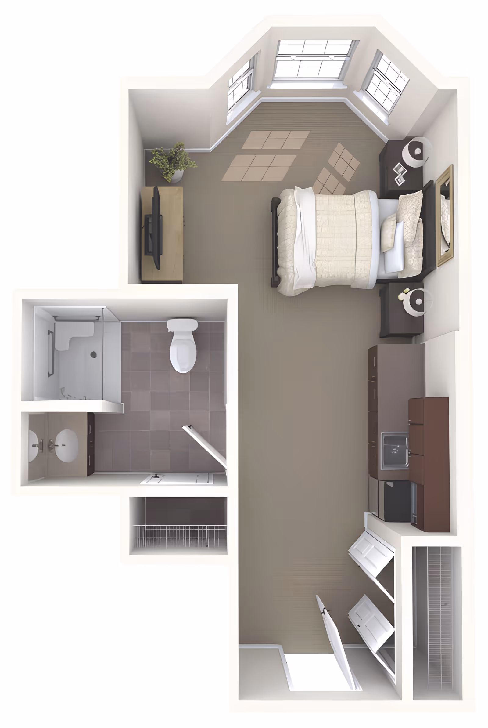 Top-down floor plan of a studio apartment showing a bed and nightstands by windows, a TV, kitchenette, bathroom, and closets.