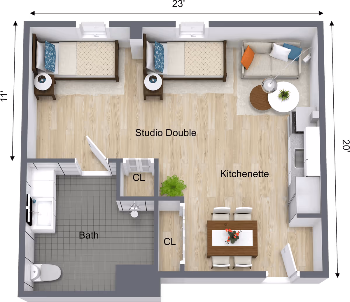 Top-down floor plan of a studio double apartment showing two beds, a kitchenette, dining table, bathroom and closets.