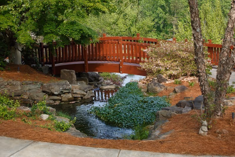 A serene outdoor garden scene featuring a small wooden footbridge over a narrow stream surrounded by rocks, green plants, and trees. The area is landscaped with pine straw mulch and includes a small statue near the base of a tree.