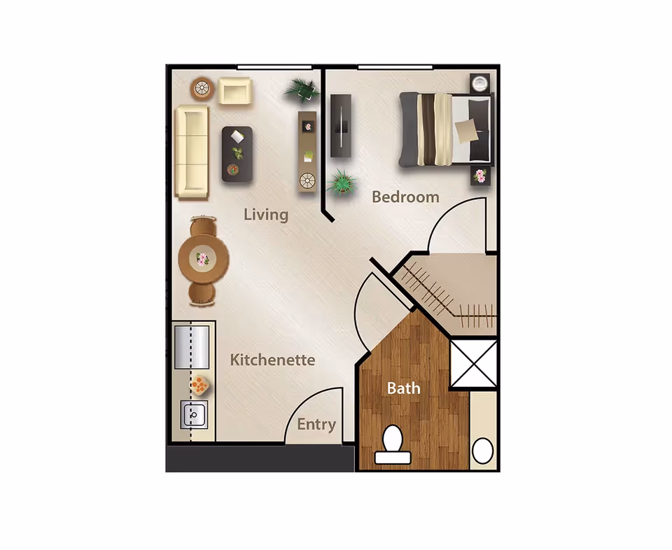 Floor plan of a senior living unit showing a living area with sofa, armchair, coffee table, and dining table with two chairs. The kitchenette includes a sink and countertop. The bedroom has a bed, nightstand, and dresser. The bathroom includes a toilet, sink, and shower. There is an entry door and a closet near the bathroom.