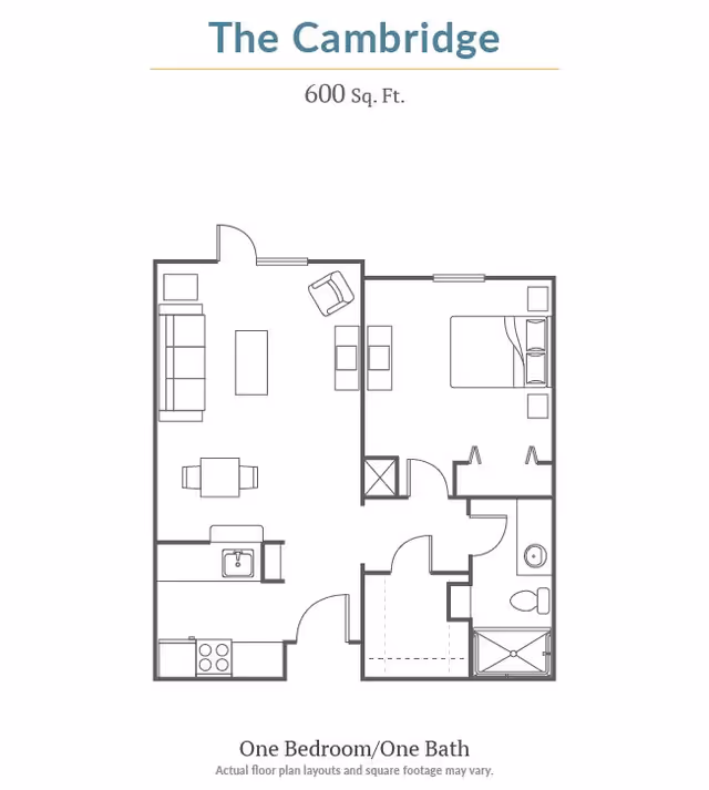 Floor plan layout of The Cambridge, a one bedroom, one bath apartment with 600 square feet. The layout includes a living room with sofa and chair, dining area, kitchen, bedroom with bed and nightstands, bathroom with shower and toilet, and closet spaces.
