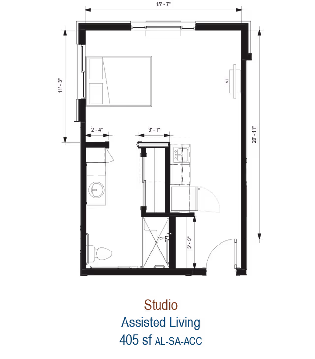 Architectural floor plan on a black background for a 405 sq ft studio assisted living unit showing room layout, bathroom, kitchenette and dimension labels.
