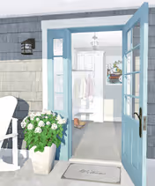 Open blue front door leading from a porch with a potted flowering plant and chair into a bright entryway with a coat rack and bench.