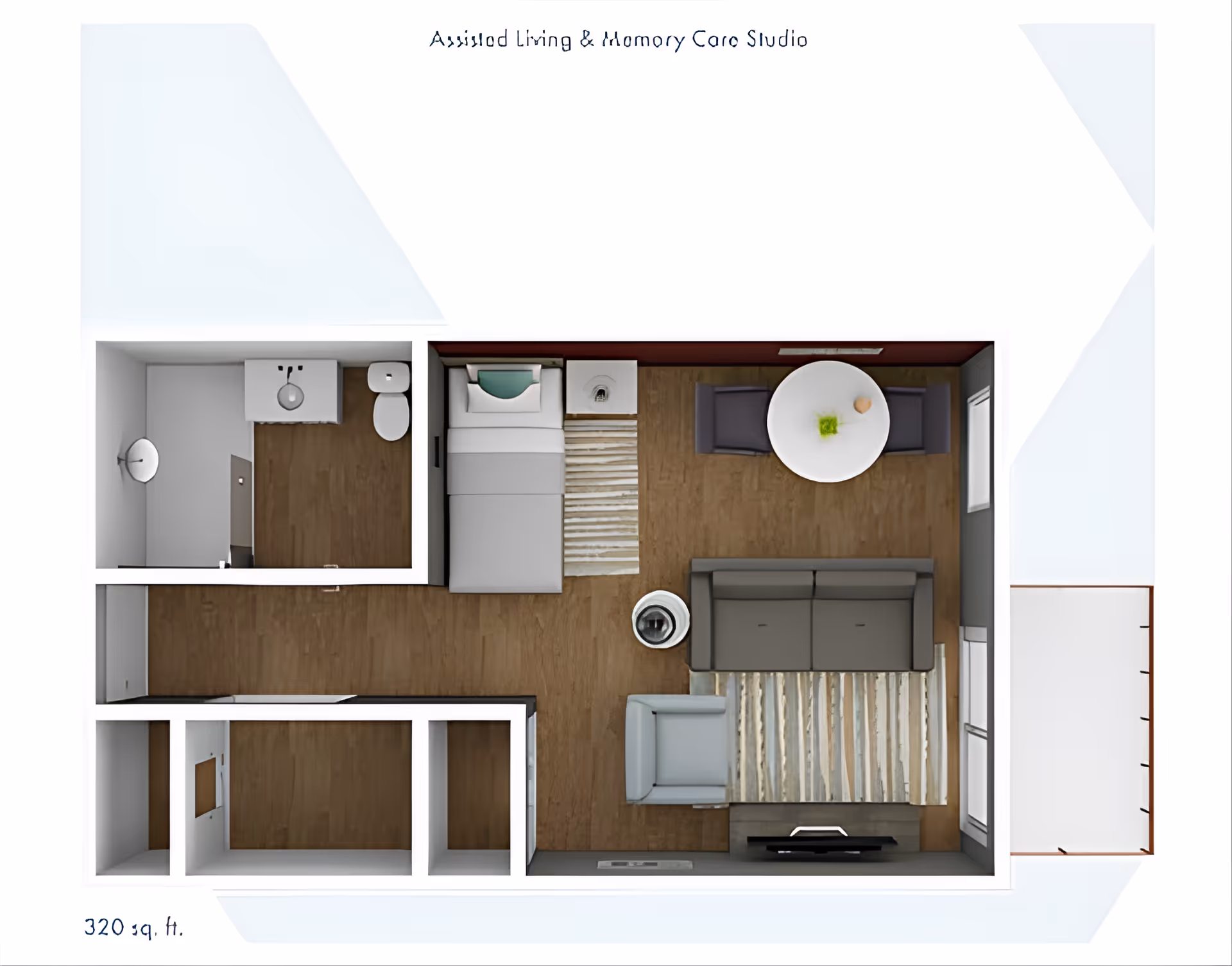 Top-down floor plan of a 320 sq. ft. assisted living and memory care studio apartment. The layout includes a small bathroom with a sink and toilet, a sleeping area with a single bed and nightstand, and a living area with a sofa, armchair, round dining table with two chairs, and a TV stand. The flooring is wood, and there are windows on two walls providing natural light.