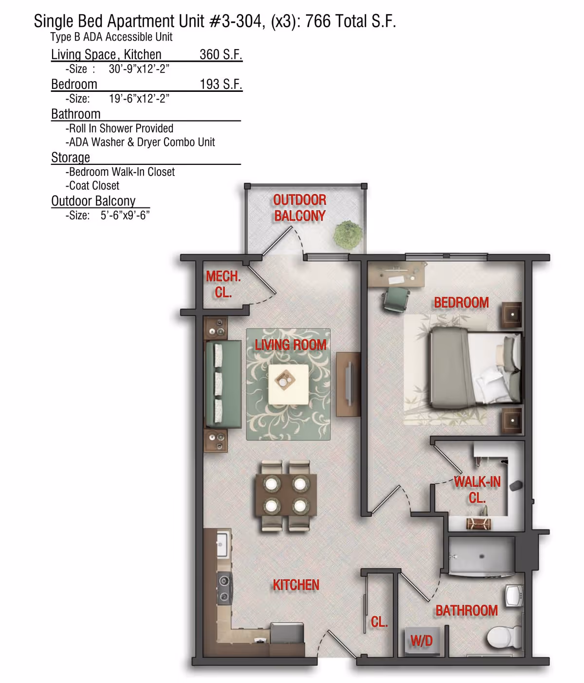 Floor plan of a single bed apartment unit #3-304 with a total area of 766 square feet. The layout includes a living room with a sofa and coffee table, a kitchen with a dining table and chairs, a bedroom with a bed and desk, a walk-in closet, a bathroom with a roll-in shower and washer/dryer combo, a mechanical closet, and an outdoor balcony.