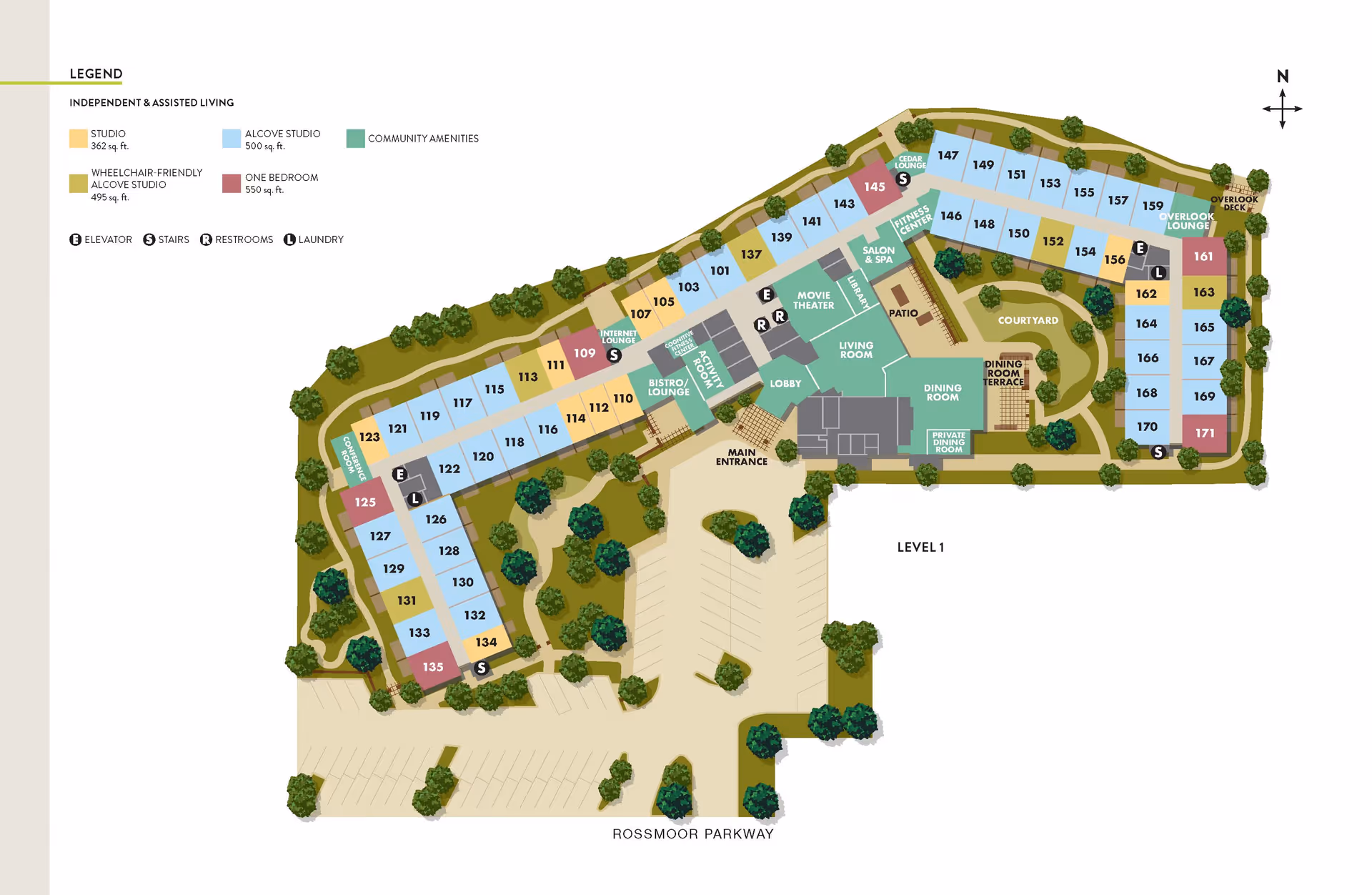 Floor plan of Atria Valley View showing independent and assisted living areas with color-coded studio, alcove studio, wheelchair-friendly alcove studio, and one-bedroom units. The map includes community amenities such as bistro lounge, internet lounge, salon & spa, movie theater, fitness center, living room, dining room, private dining room, patio, courtyard, and overlook lounge. It also marks locations of elevators, stairs, restrooms, and laundry. The main entrance and parking area on Rossmoor Parkway are visible.