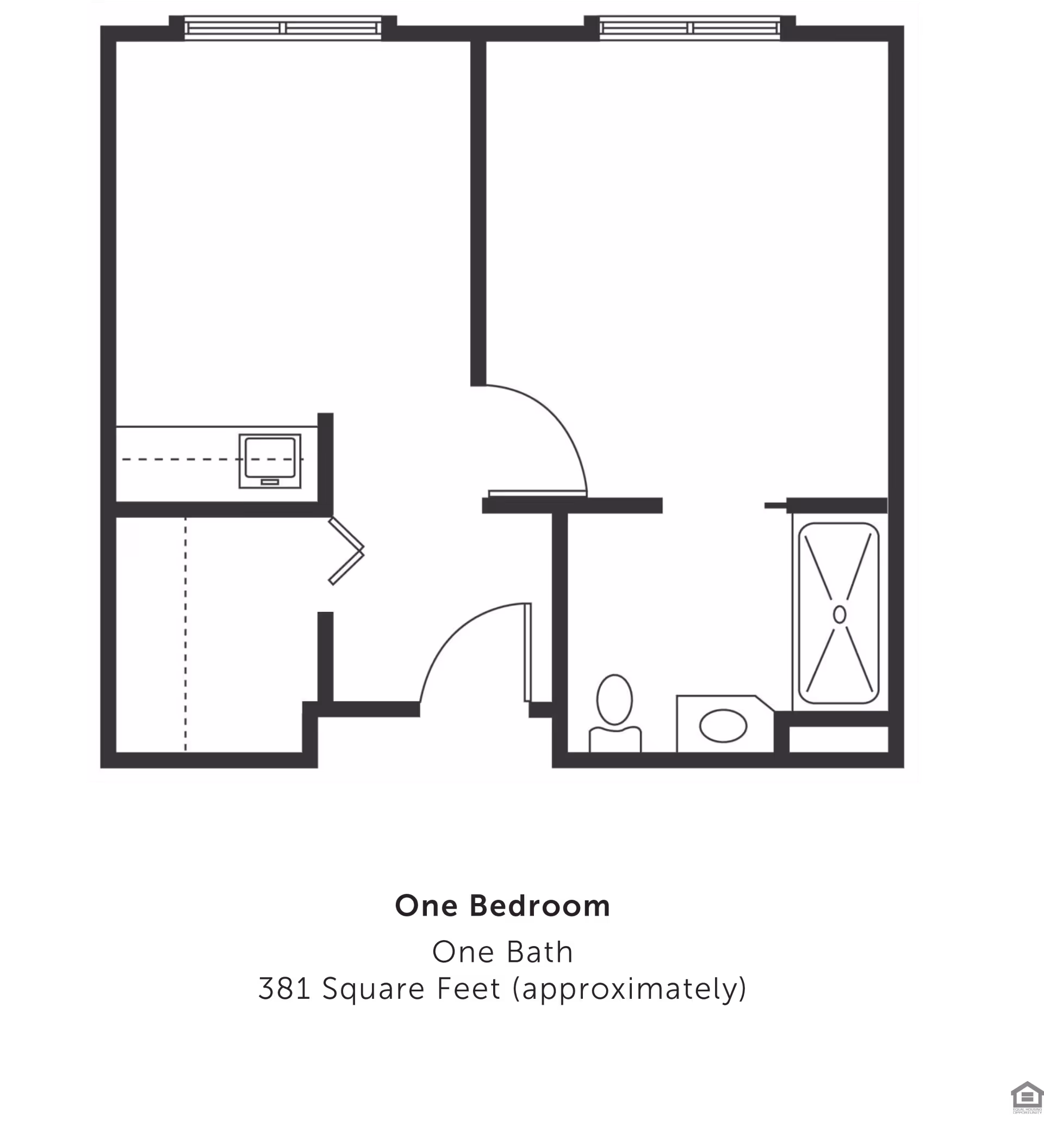 Architectural floor plan of a one-bedroom, one-bath apartment with approximately 381 square feet. The layout includes a bedroom, bathroom with a bathtub, and a living area with a kitchenette.