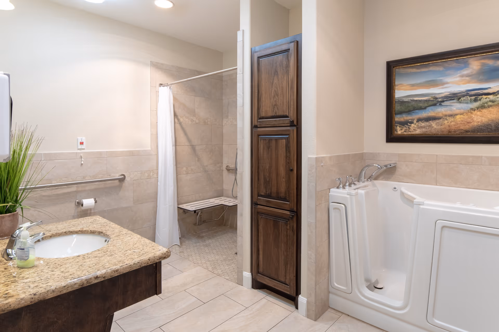 Accessible bathroom featuring a walk-in tub, roll-in tiled shower with bench, granite vanity, and wooden storage cabinet.