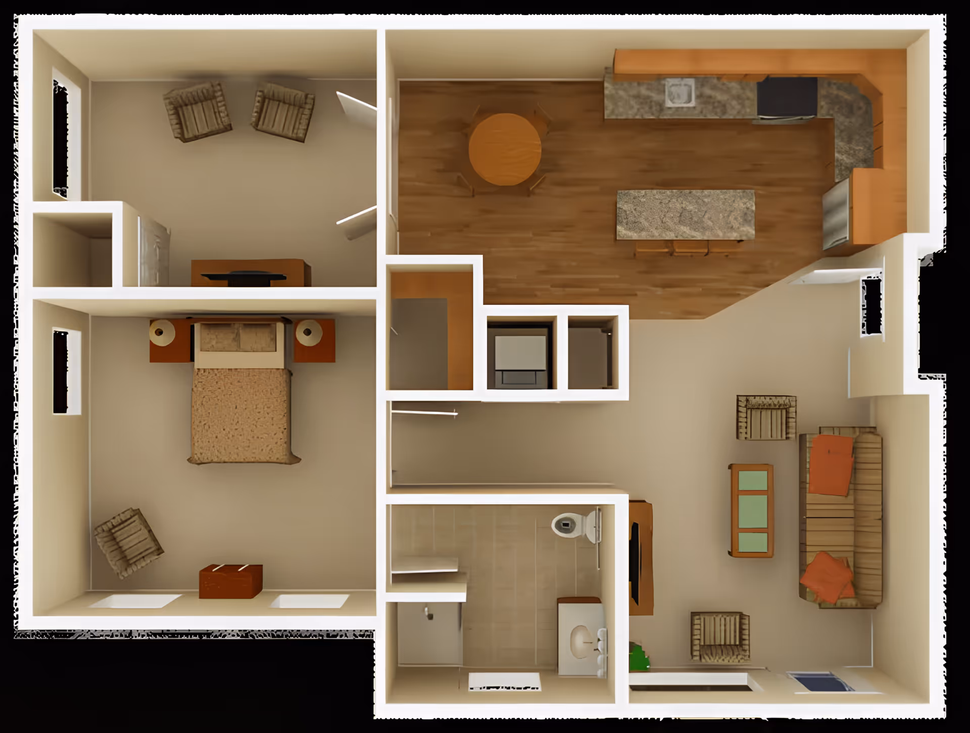 Top-down view of a senior living apartment floor plan showing a bedroom with a bed, nightstands, and chair; a living room with a sofa, two chairs, a coffee table, and a TV stand; a kitchen with cabinets, a refrigerator, a stove, a sink, a round dining table with chairs, and an island with stools; and a bathroom with a toilet, sink, and shower.