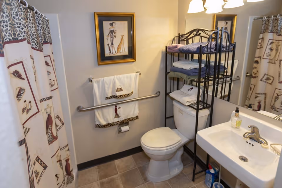 A bathroom with a toilet, white sink with a silver faucet, and a black metal shelving unit above the toilet holding folded towels. The walls are light-colored with a framed artwork of a woman and a giraffe. There is a shower curtain with a leopard print and fashion-themed design. A towel rack with two decorative towels is mounted on the wall next to the toilet.